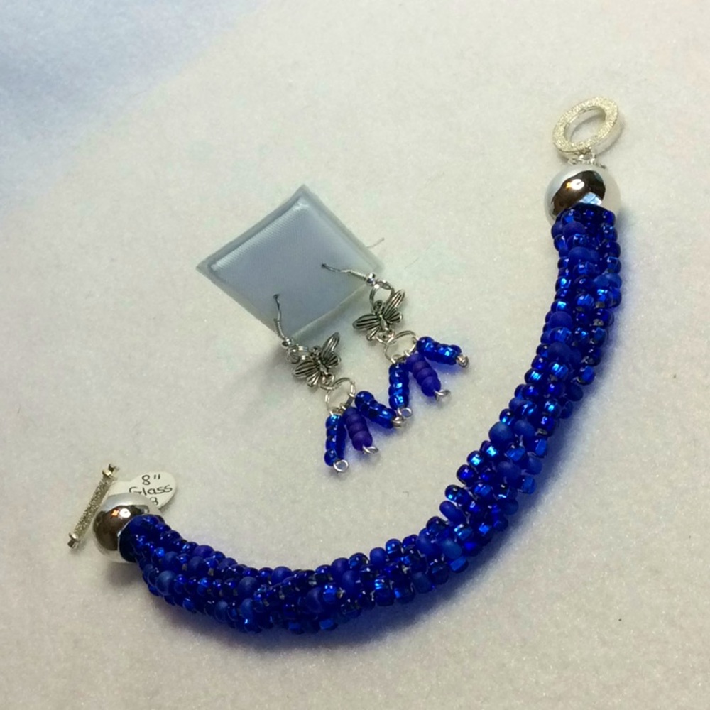 FINAL SALE PRICE Lia Rosa OOAK Hand Woven Bracelet & ER Set in Blue